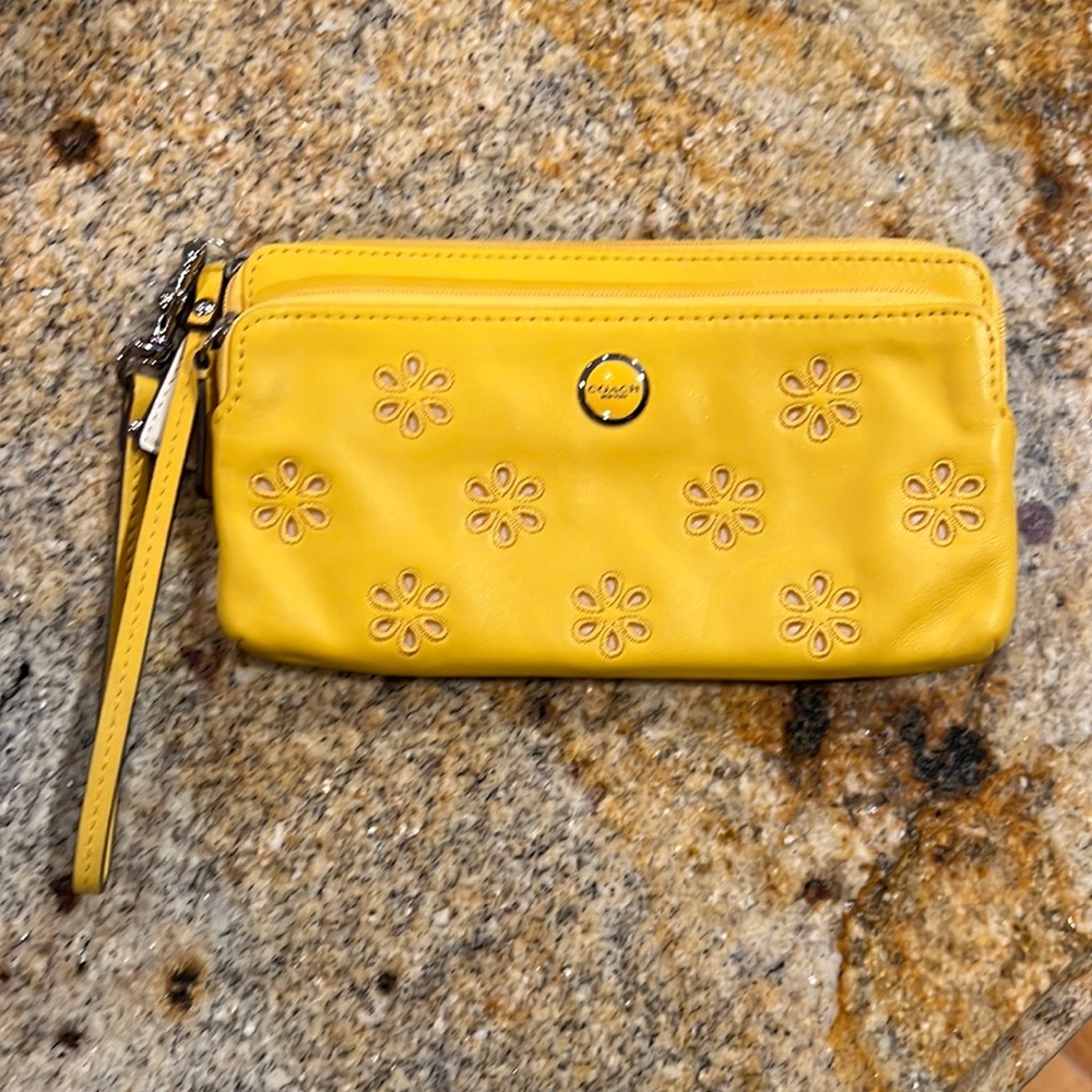 Coach Yellow Leather Flower Wristlet.